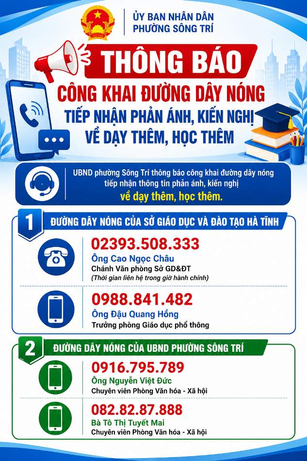 UBND phường Sông Trí thông báo công khai đường dây nóng tiếp nhận thông tin phản ánh, kiến nghị về dạy thêm, học thêm